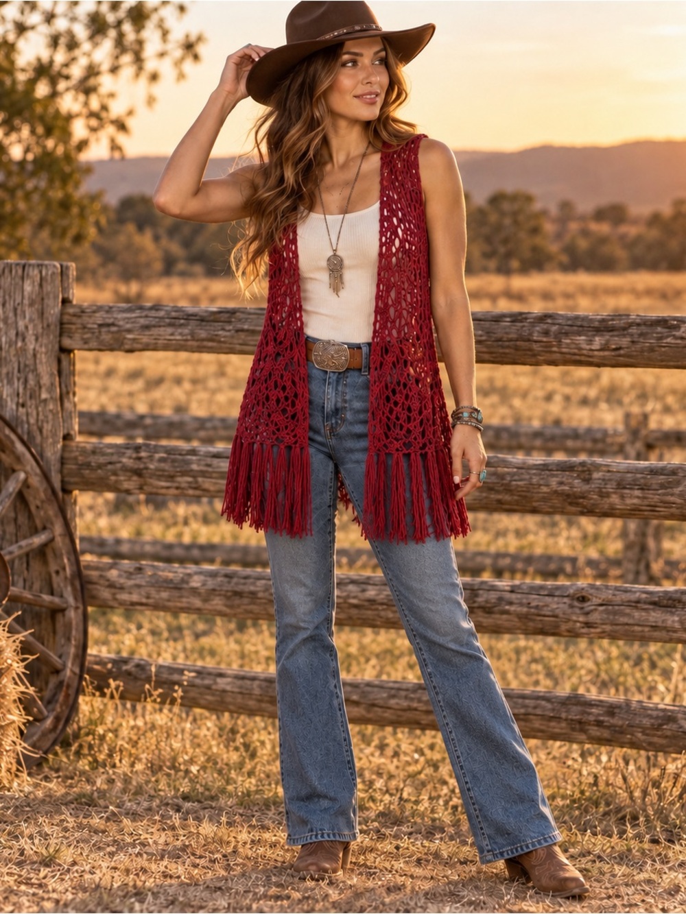 Catch One London Burgundy Crochet Fringe Long Vest Boho Medium